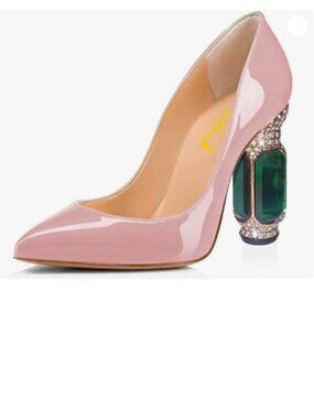 FSJ Pink Bridal Pointed Toe Chunky High Heel Crystal Pumps Slip on Wedding Shoe